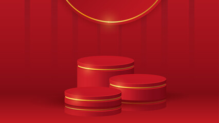 3 Podium red gold set with golden circle ring scene. for chinese new year. Stage showcase, Promotion products display. Vector