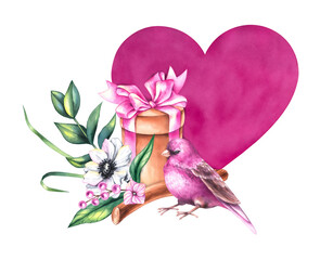 Watercolor Valentines day bouquet with bouquets of flowers, birds and flowers isolated on white
