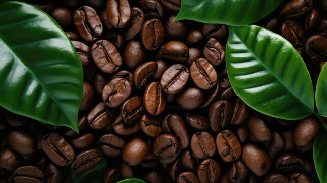Closeup, Coffee beans on green leaf with copy space