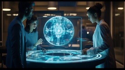 A holographic interface displaying intricate genetic patterns as scientists collaborate on pioneering medical discoveries in a futuristic setting