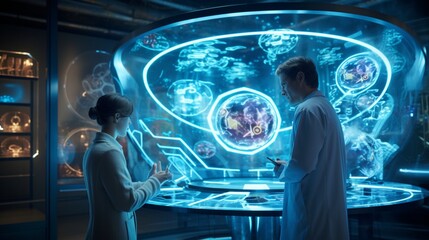 A holographic interface displaying intricate genetic patterns as scientists collaborate on pioneering medical discoveries in a futuristic setting
