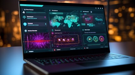 A laptop screen displaying a comprehensive infographic chart showcasing the real-time performance and threat analysis of corporate antivirus software. - obrazy, fototapety, plakaty