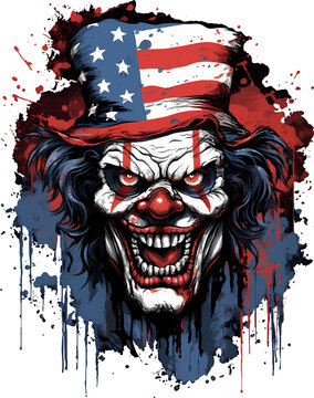 Evil clown with a strong and determined expression, wearing the stars and stripes of the American flag, for t-shirt and sticker design ready to print, on transparent background