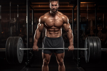 Fototapeta na wymiar Generative AI Image of Muscular Man Lifting Iron Barbell in Gym Fitness Room