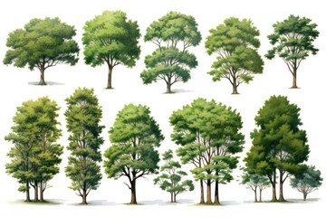 a bunch of trees with different sizes on white background