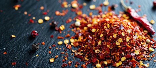 Dry chili pepper flakes, crushed red peppers on black table. - obrazy, fototapety, plakaty