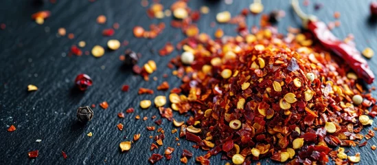 Gordijnen Dry chili pepper flakes, crushed red peppers on black table. © AkuAku