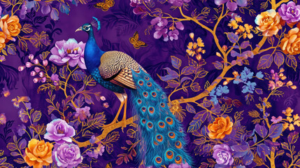 Vintage Hand drawn and Hand Painted Retro Vintage Style Fine Art canvas for wallpaper and background with Colorful Peacocks, birds, Flowers and plants, Nature-inspired and floral botanical, ornamental