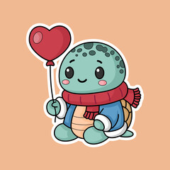 cartoon turtle sticker, wearing a jacket and carrying balloons