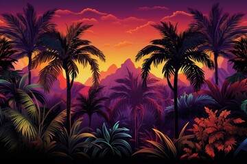 Fototapeta na wymiar Jungle pattern of tropical forest with palm trees. Generative AI