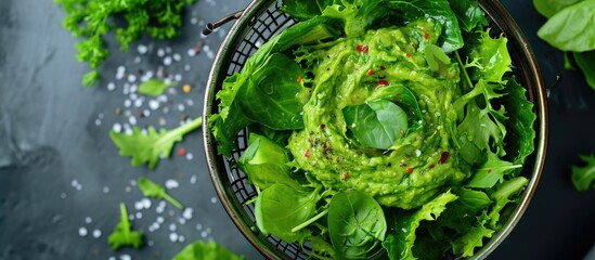 Avocado dressing with salad leaves in a colander.