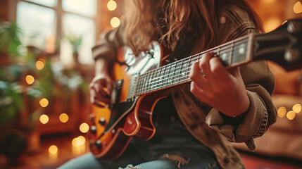 Woman playing electric guitar in studio - obrazy, fototapety, plakaty