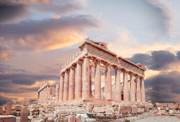 parthenon greece sun athens winter pink clouds - obrazy, fototapety, plakaty