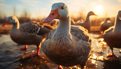 Sunset illuminates cute duckling waddling in meadow generated by AI