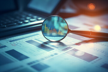 magnifying glass on the screen of laptop for business concept