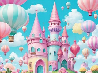 Pink castle with many air balloon in the sky. Fantasy theme. Generative AI.