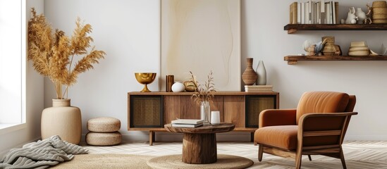 Living room with brown armchair, coffee table, wooden shelf, and elegant decor. Template.
