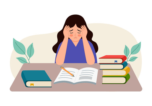 Tired depressed frustrated woman student has panic attack before exam or university tests. Stressful time in study process.