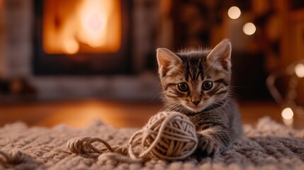 Obraz premium Adorable Kitten Engaged in Playful Exploration With Yarn Ball