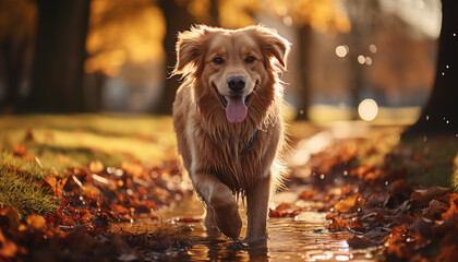 Cute puppy playing in the autumn forest generated by AI