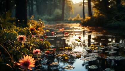 Tranquil scene, leaf, water, plant, autumn, beauty in nature generated by AI