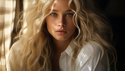 Fototapeta premium One beautiful woman with long blond hair looking at camera generated by AI