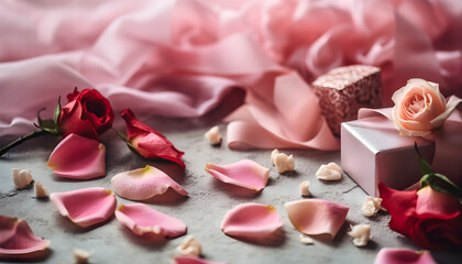 Valentine's Day background with pink roses, bows and paper hearts