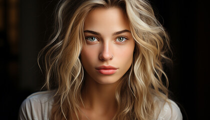 Fototapeta premium Beautiful woman with long blond hair looking at camera generated by AI