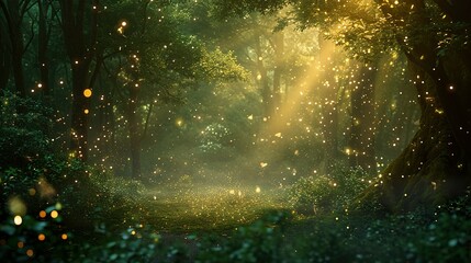 Enchanted forest clearing with fireflies and magical creatures celebrating with fairy dust - obrazy, fototapety, plakaty