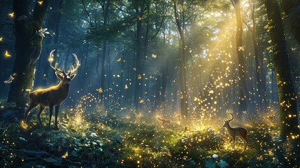 Enchanted forest clearing with fireflies and magical creatures celebrating with fairy dust