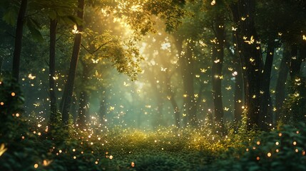 Enchanted forest clearing with fireflies and magical creatures celebrating with fairy dust