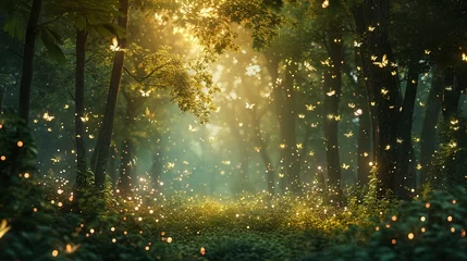 Foto auf Acrylglas Feenwald Enchanted forest clearing with fireflies and magical creatures celebrating with fairy dust