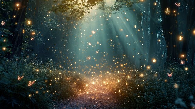 Enchanted forest clearing with fireflies and magical creatures celebrating with fairy dust