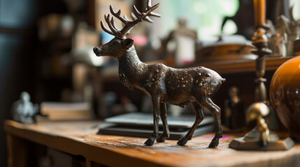 Reindeer sculpture beside desk. hyper detail extrem. Generative AI
