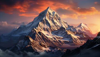 Majestic snow capped mountains create breathtaking panoramic landscapes generated by AI