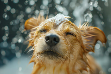 Funny face portrait of a dog showering with shampoo. Funny dog face taking a bath in grooming salon.