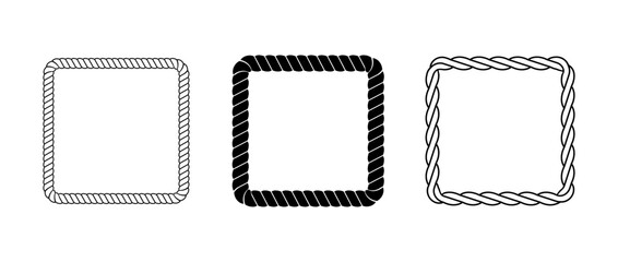 Set of rope frames. Squared cord border collection. Rectangular rope loop pack. Chain, braid or plait border bundle. Square design elements for decoration, banner, poster. Vector decoration frames