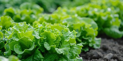 Organic food concept, lettuce grown on the ground. Close up of fresh salad leaves.  - obrazy, fototapety, plakaty
