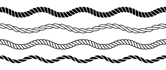 Rope wave set. Repeating hemp cord line collection. Waving chain, braid, plait stripe bundle. Seamless decorative plait pattern. Vector marine twine design elements for banner, poster, frame