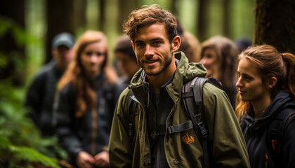 Fototapeta premium Smiling men and women hiking in nature generated by AI