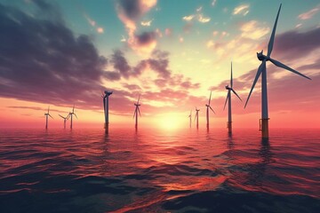 Dusk wind turbines in a renewable offshore wind farm. Generative AI - obrazy, fototapety, plakaty