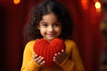 Indian girl child holds knitted red heart toy tightly in hands on studio background. Health heart, care, giving sharing love, need help, charity Valentine's day and kids healthcare love concept