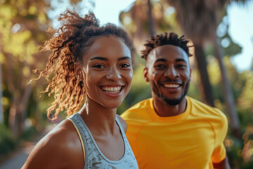 The radiant smiles of a middle-aged couple engaged in a jogging workout