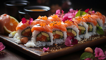 Freshness and cultures on a plate seafood, sushi, healthy eating generated by AI