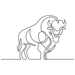 Continuous line drawing of American Bison. Buffalo animal standing. Wildlife concept. Vector illustration isolated. Minimalist design handdrawn. © berkahlineart
