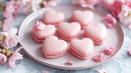 Heart-shape macaroons and spring flowers. 