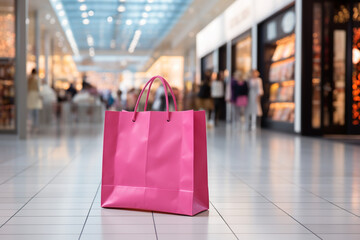 Pink simple shopping paper bag with purchases lie on floor of huge shopping center. Mall discounts, good purchases. Indoor studio shot. Shopping and sale concept. Black Friday.