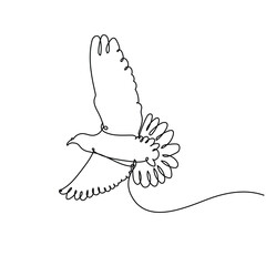 Flying bird continuous one line drawing. Pigeon or dove animal. Vector illustration isolated. Minimalist design handdrawn.