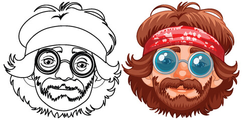 Two stylized male faces with vintage hippie accessories.