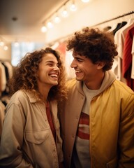 Fototapeta premium A young couple smiling in front of clothes in a department store. Generative AI.